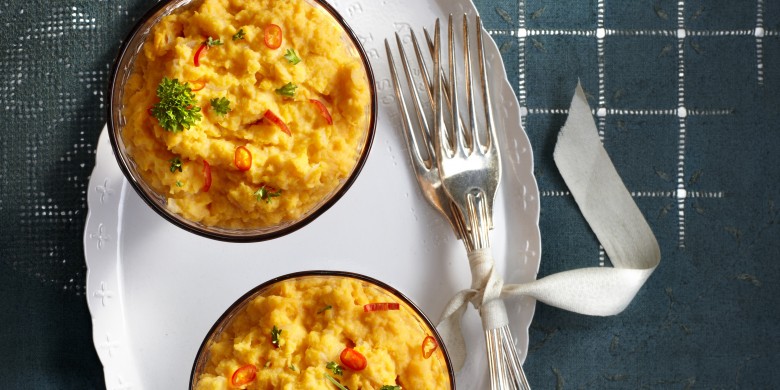 Puree van zoete aardappel met sinaasappel en sjalot