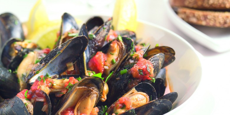 Gebakken mosselen met prei en spekjes