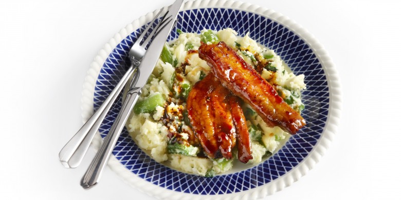 Bleekselderijstamppot met zoete speklapjes