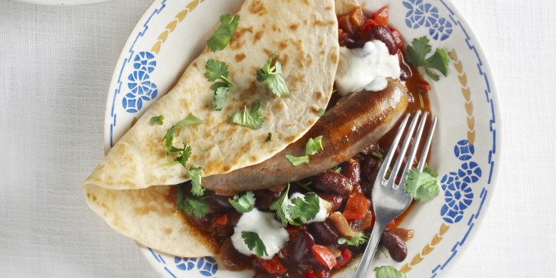 Chili con carne met worst en tortilla’s