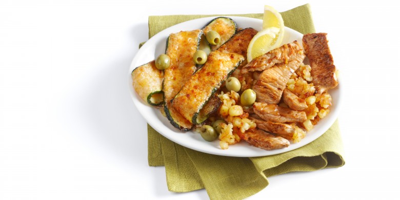 Gegratineerde courgette met citroenschnitzel