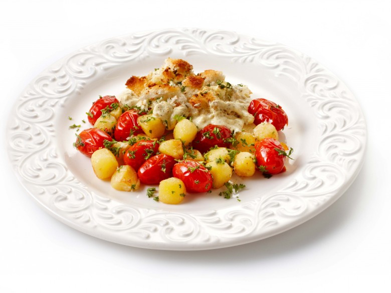 Gegratineerde kabeljauw met krieltjes en kerstomaatjes