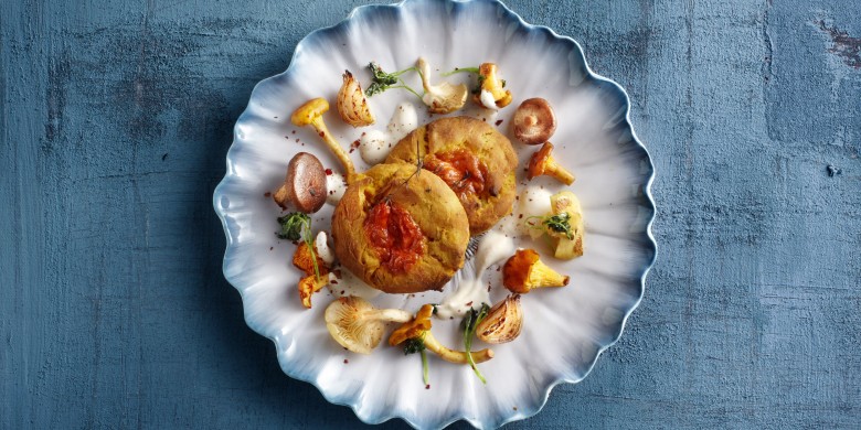 Scones van zoete aardappel met paddenstoelen