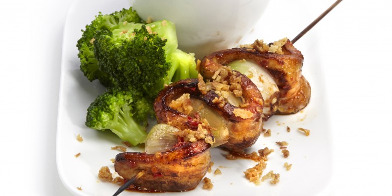 Spekspiesjes met rijst en broccoli