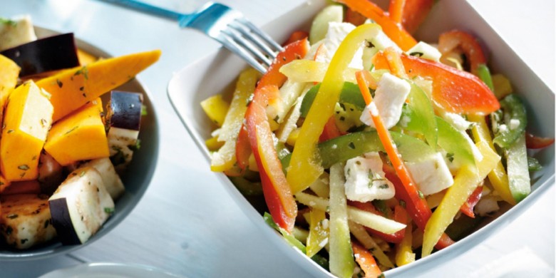 Aubergine en pompoen met feta en pistache