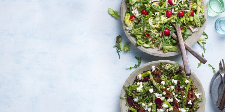 Bietjessalade met linzen, asperges en bacon