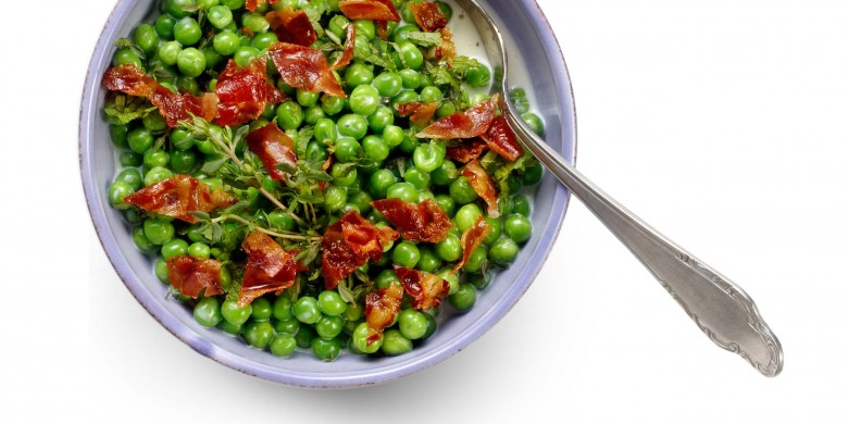 Doperwten met pancetta in tijmsaus