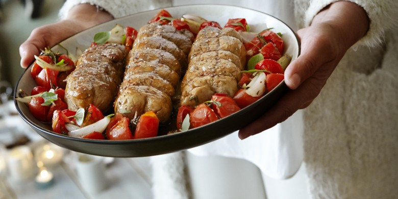 Varkenshaasrollade met gember-sinaasappelglaze