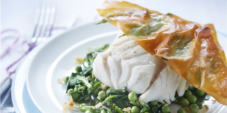 Gepocheerde visfilet met basilicumkrokant