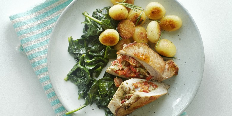 Gevulde varkensfilet met spinazie en rozemarijnkrieltjes