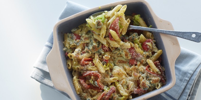 Penne met prei, paprika en blauwe kaas