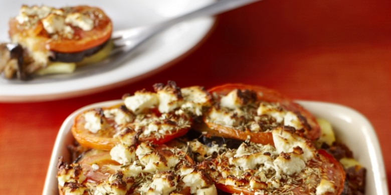 Ovenschotel met shoarma, aubergine en tomaat