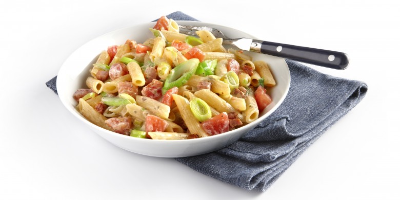 Pasta met spekjes en prei