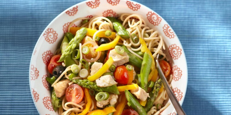 Spaghetti met kip en asperges