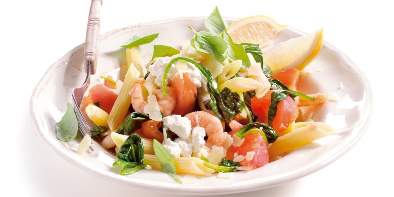 Penne met garnalen en spinazie