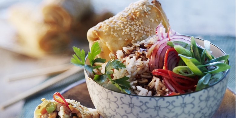 Loempia van filodeeg met kip en zoete aardappel