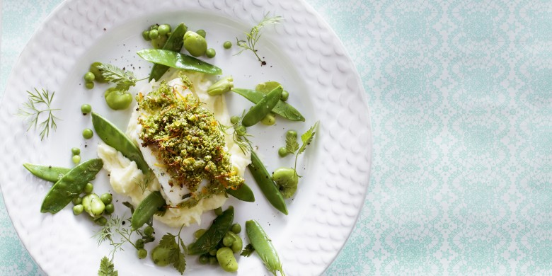 Kabeljauwfilet met citruskruidenkorst en peulvruchten