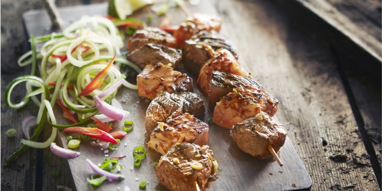 Thaise barbecuespies met biefstuk en zalm