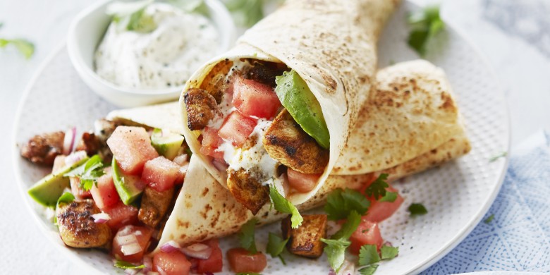 Kipfajita’s met avocado en watermeloensalsa