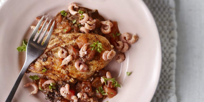 Parelhoen met garnalen