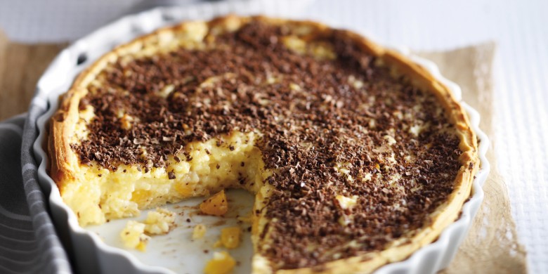 Rijstevlaai met perzik en chocolade