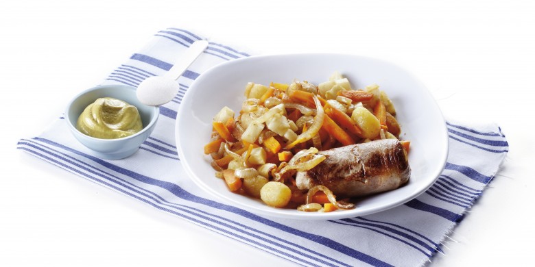 Roerbak van hutspot, selderij en slavink