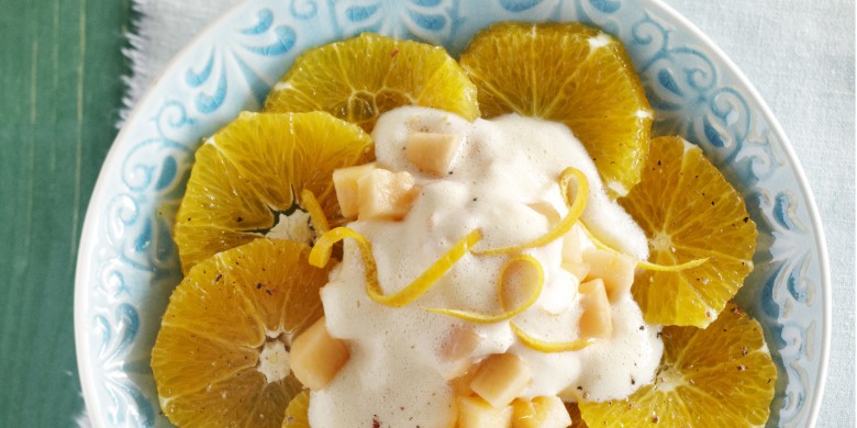 Sinaasappelcarpaccio met meloen en proseccosabayon