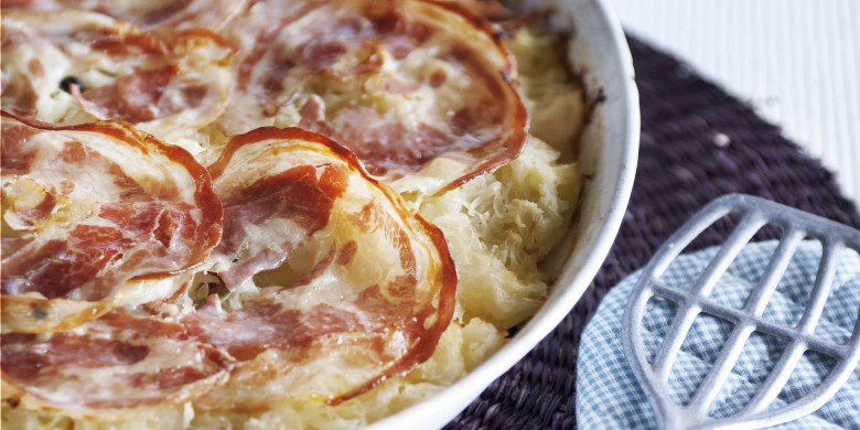 Zuurkoollasagne met pancetta