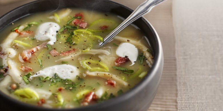 Aardappel-preisoep met oesterzwammen en spekjes