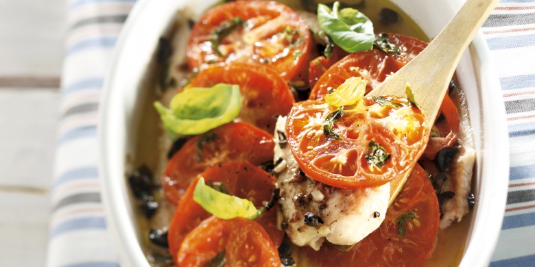 Vis uit de oven met geroosterde tomatentopping
