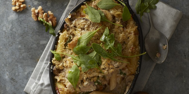 Penne uit de oven met pancetta en paddenstoelen