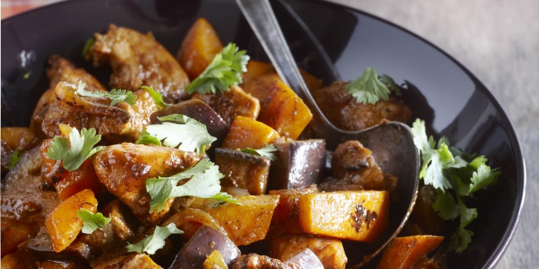 Roergebakken kipfilet met pompoen en aubergine