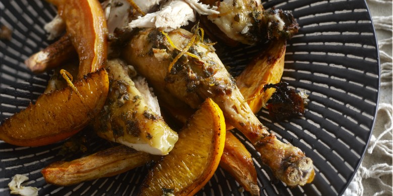 Geroosterde kip met sinaasappel en zoete aardappel
