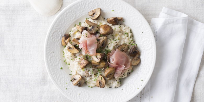 Paddenstoelenrisotto met ricotta en rauwe ham