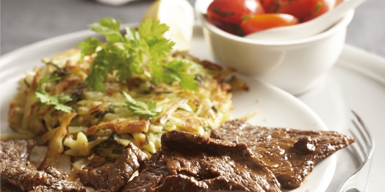 Biefstuk in honingmarinade met kruidenrösti