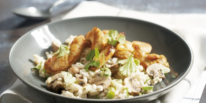Risotto met kip, kastanjechampignons en koriander