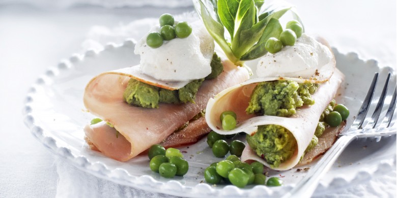 Beenham met doperwten en ricotta