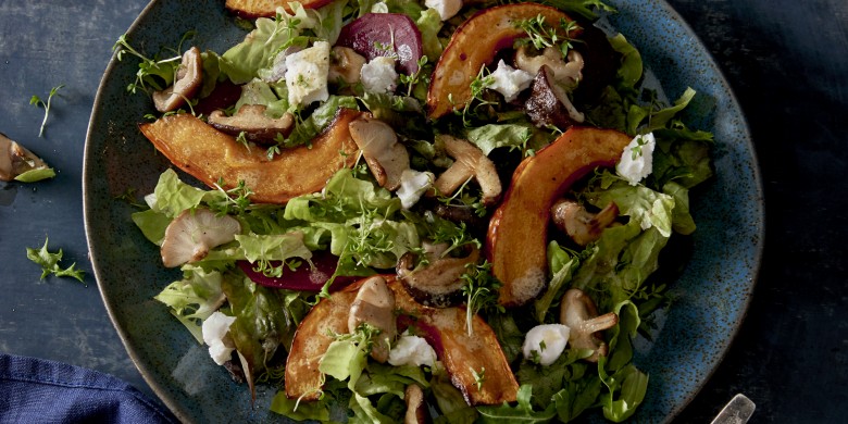 Herfstsalade met geroosterde pompoen en shiitake