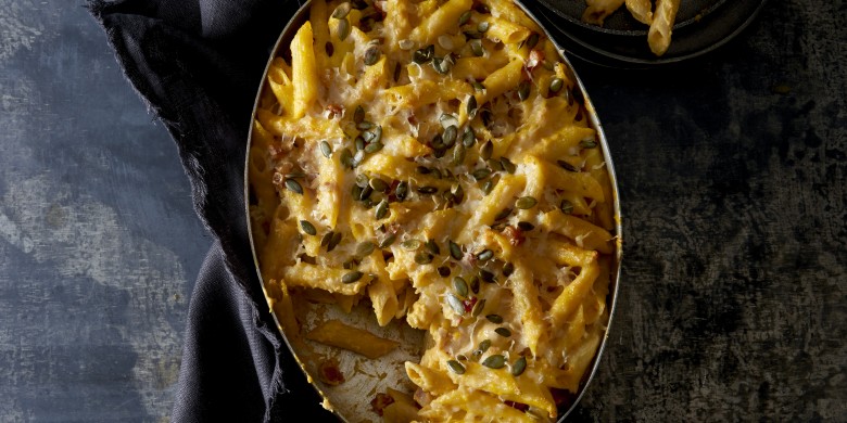 Penne met romige pompoensaus en spekjes
