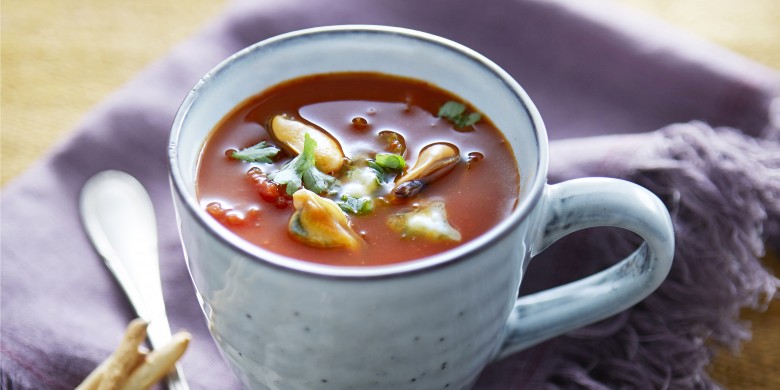 Bloody mary-soep met mosselen