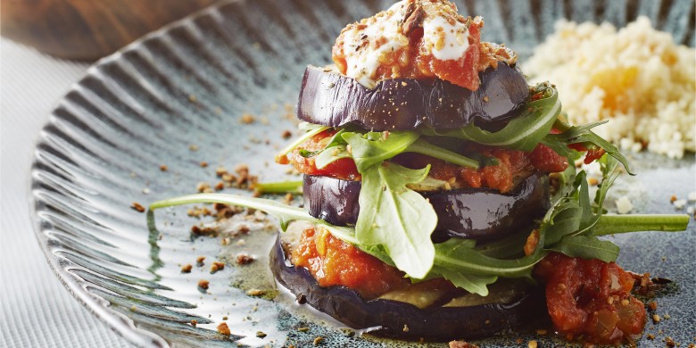 Gegrilde aubergine met dukkah en couscous
