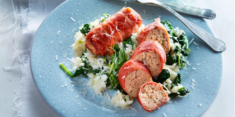 Zalmvinken op risotto met voorjaarsgroenten