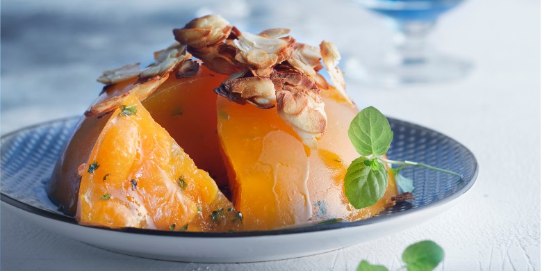 Mandarijn-muntjelly met amandelcrunch