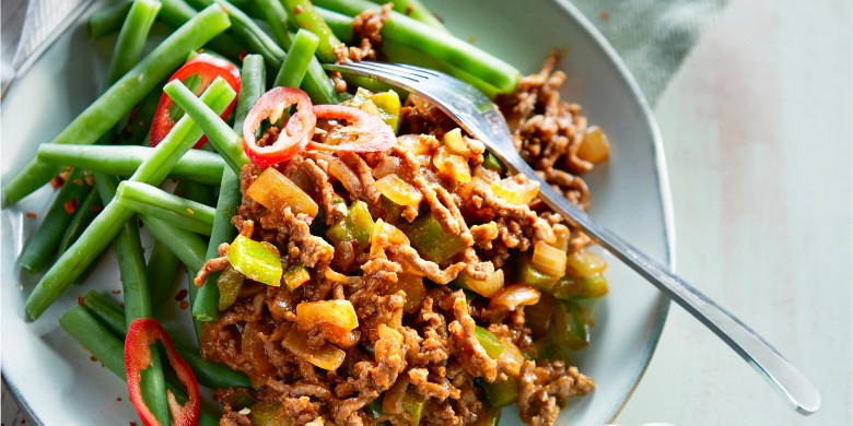 Gehaktgoulash met rijst en boontjes