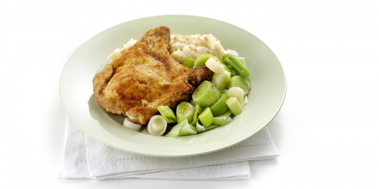 Gevulde karbonade met prei en puree