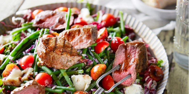 Biefstuk met bonensalade en gorgonzola