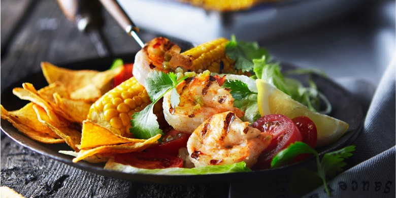Salade van mais, garnalen en citrusvinaigrette
