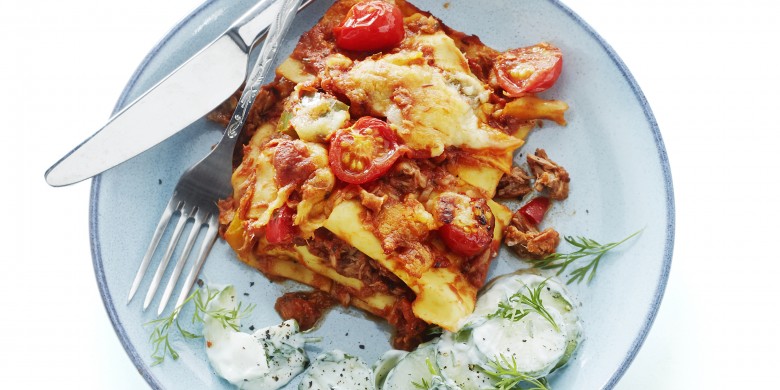 Vislasagne met komkommersalade