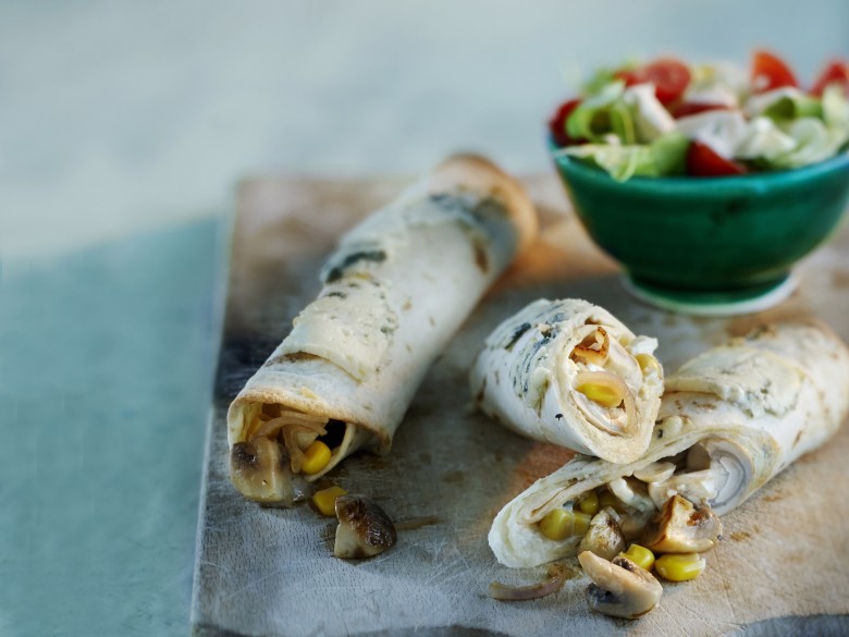 Champignonburrito’s met mais en blauwe kaas