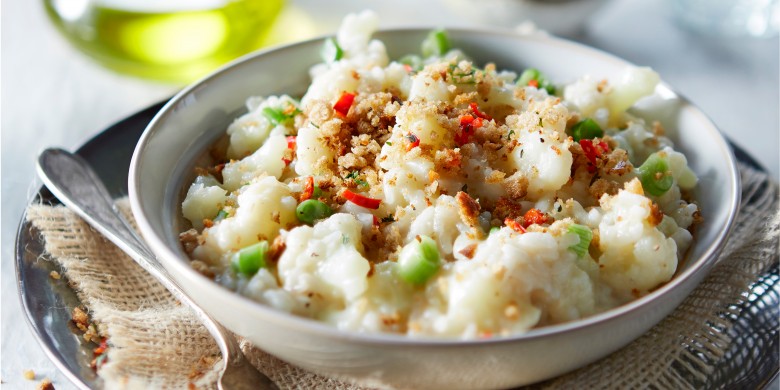 Bloemkoolrisotto met bosui en broodcrunch